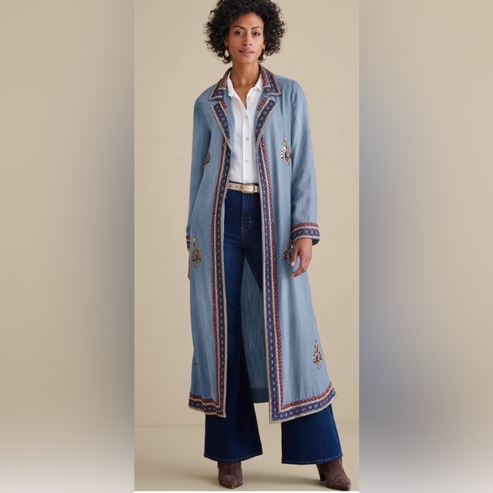 NWT Soft Surroundings Morena Duster denim jewel beaded boho long cardigan Medium - Picture 4 of 13